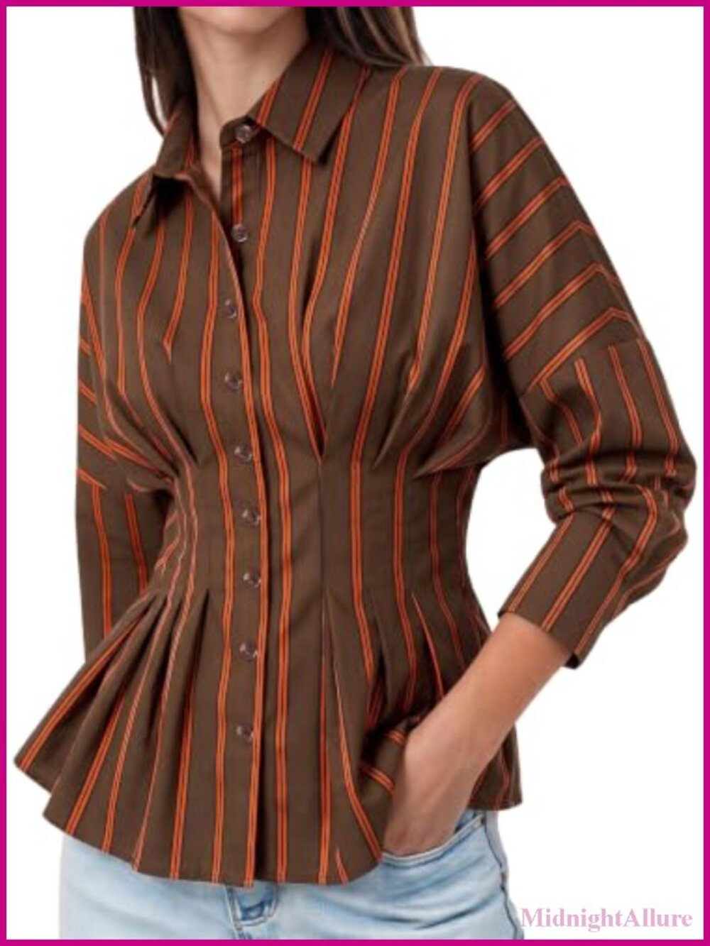 Striped Button Down Shirt Cinched Waist Peplum Office Blouse Long Sleeve